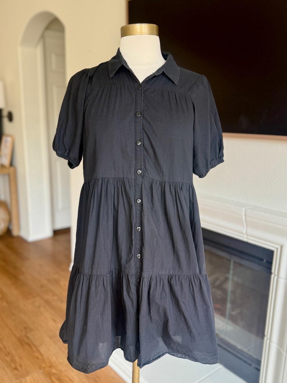 Black Tiered Button-Front Babydoll Smock Dress Grunge 90's Size Small